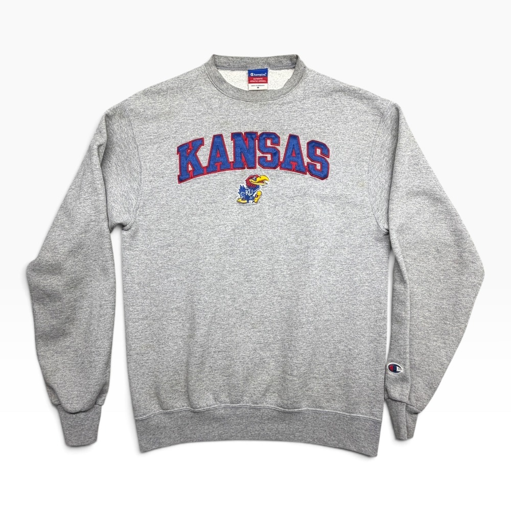 Champion Kansas Jayhawks Sweatshirt Mens Medium Gray Embroidered Crewneck KU